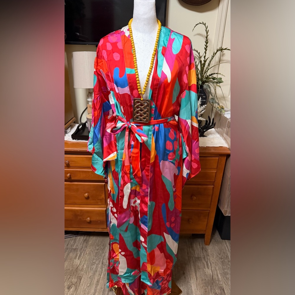 Flying Tomato Multicolor Satin belted Kimono Ensemble set - Picture 8 of 17